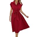 ECOWISH Womens Casual Midi Dresses Solid V Neck Short Sleeve Button Shirt Belted Dress with Pockets for Spring Summer 2026