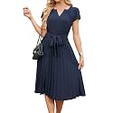 ECOWISH Womens Casual Midi Dresses Solid V Neck Short Sleeve Button Shirt Belted Dress with Pockets for Spring Summer 2026