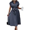 ECOWISH Womens Casual Midi Dresses Solid V Neck Short Sleeve Button Shirt Belted Dress with Pockets for Spring Summer 2026
