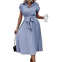 ECOWISH Womens Casual Midi Dresses Solid V Neck Short Sleeve Button Shirt Belted Dress with Pockets for Spring Summer 2026