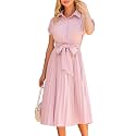 ECOWISH Womens Casual Midi Dresses Solid V Neck Short Sleeve Button Shirt Belted Dress with Pockets for Spring Summer 2026