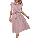 ECOWISH Womens Casual Midi Dresses Solid V Neck Short Sleeve Button Shirt Belted Dress with Pockets for Spring Summer 2026
