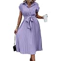 ECOWISH Womens Casual Midi Dresses Solid V Neck Short Sleeve Button Shirt Belted Dress with Pockets for Spring Summer 2026