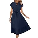 ECOWISH Womens Casual Midi Dresses Solid V Neck Short Sleeve Button Shirt Belted Dress with Pockets for Spring Summer 2026