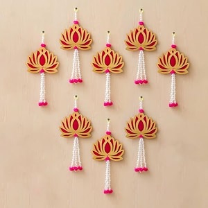 ecraftindia artificial marigold flowers hangings with bangles ringing bells 8 goden floral lotus wall hangings