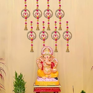 ecraftindia lotus in golden rings with pom pom amp bell toran for home decor pack of 8  lotus hangings for main door entrance pooja room temple  ganesh chaturthi navratri diwali decoration items