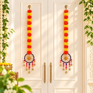 ecraftindia artificial marigold flowers hangings with bangles ringing bells pack of 2  artificial flowers for home decoration  wedding ganpati navratri diwali decoration items