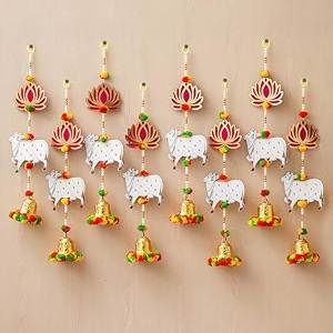 ecraftindia lotus cow bell decorative wall hangings for diwali decoration pack of 8- floral wall decor lotus wall hangings for home temple main door- diwali decoration items for home decor