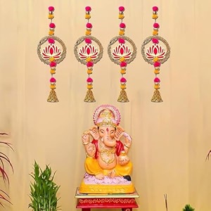 ecraftindia lotus in golden rings with pom pom amp bell toran for home decor pack of 4  lotus hangings for main door entrance pooja room temple  ganesh chaturthi navratri diwali decoration items