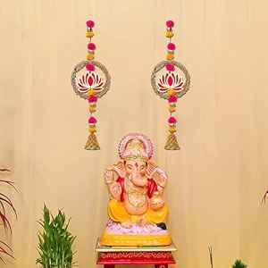 ecraftindia lotus in golden rings with pom pom amp bell toran for home decor pack of 6  lotus hangings for main door entrance pooja room temple  ganesh chaturthi navratri diwali decoration items