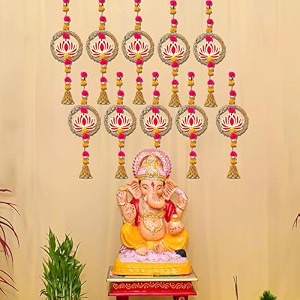 ecraftindia lotus in golden rings with pom pom amp bell toran for home decor pack of 10  lotus hangings for main door entrance pooja room temple  ganesh chaturthi navratri diwali decoration items