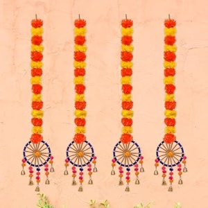 ecraftindia artificial marigold flowers hangings with bangles ringing bells pack of 4  artificial flowers for home decoration  wedding ganpati navratri diwali decoration items