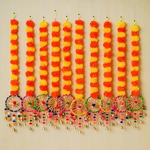 ecraftindia artificial marigold flowers hangings with bangles ringing bells pack of 10  artificial flowers for home decoration  wedding ganpati navratri diwali decoration items
