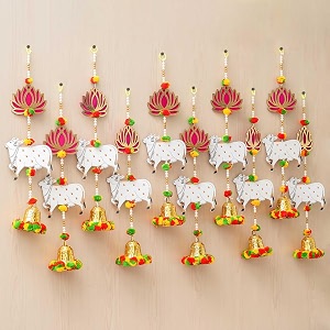 ecraftindia artificial marigold flowers hangings with bangles ringing bells 10 lotus cow bell wall hangings