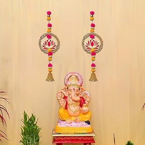 ecraftindia lotus in golden rings with pom pom amp bell toran for home decor pack of 2  lotus hangings for main door entrance pooja room temple  ganesh chaturthi navratri diwali decoration items