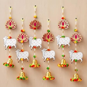 ecraftindia artificial marigold flowers hangings with bangles ringing bells 6 lotus cow bell wall hangings