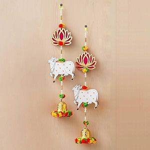 ecraftindia artificial marigold flowers hangings with bangles ringing bells 2 lotus cow bell wall hangings