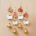 eCraftIndia Artificial Marigold Flowers Hangings with Bangles Ringing Bells (4, Lotus Cow Bell Wall Hangings)