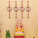 eCraftIndia Lotus in Golden Rings with Pom Pom &amp; Bell Toran for Home Decor (Pack of 4) | Lotus Hangings for Main Door Entrance, Pooja Room, Temple | Ganesh Chaturthi Navratri, Diwali Decoration Items