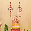 eCraftIndia Lotus in Golden Rings with Pom Pom &amp; Bell Toran for Home Decor (Pack of 6) | Lotus Hangings for Main Door Entrance, Pooja Room, Temple | Ganesh Chaturthi Navratri, Diwali Decoration Items
