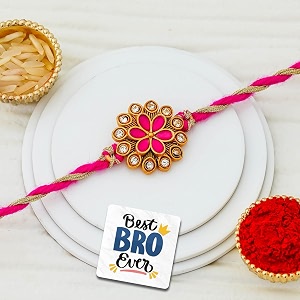 ecraftindia beautiful golden pink flower designer rakhi for brother with gift combo set  raksha bandhan rakhi for bhaiya bhabhi bhai kids  best bro ever fridge magnet  roli chawal pack