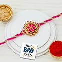 eCraftIndia Beautiful Golden Pink Flower Designer Rakhi for Brother with Gift Combo Set | Raksha Bandhan Rakhi for Bhaiya Bhabhi Bhai Kids | Best Bro Ever Fridge Magnet | Roli Chawal Pack