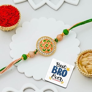 ecraftindia beautiful green orange flower designer rakhi for brother with gift combo set  raksha bandhan rakhi for bhaiya bhabhi bhai kids  best bro ever fridge magnet  roli chawal pack