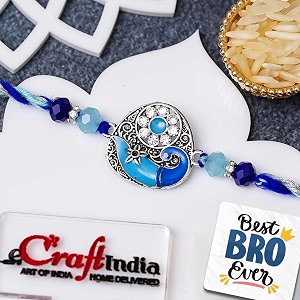 ecraftindia blue designer peacock rakhi for brother with gift combo set hamper  raksha bandhan rakhi for bhai bhaiya  best bro ever fridge magnet  roli chawal pack