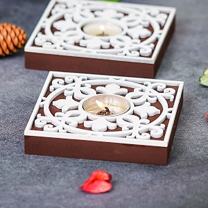 ecraftindia brown amp white decorative tea light candle holders diya stands  tea light holders  christmas diwali decoration items for home decor  set of 4