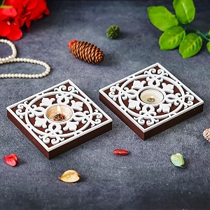 ecraftindia brown amp white decorative tea light candle holders diya stands  tea light holders  christmas diwali decoration items for home decor  set of 2