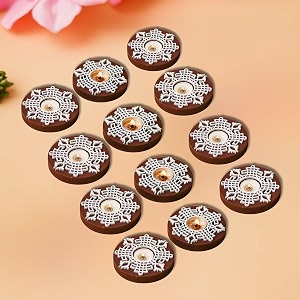ecraftindia brown amp white round handcrafted wooden block print tea light candle holders diya stands  tea light holders  christmas diwali decoration items for home decor  set of 12