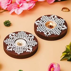 ecraftindia brown amp white round handcrafted wooden block print tea light candle holders diya stands  tea light holders  christmas diwali decoration items for home decor  set of 2