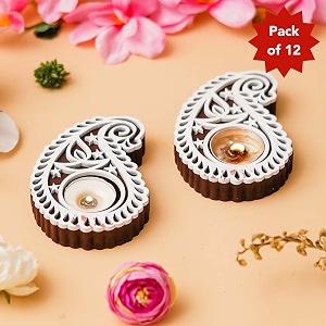 ecraftindia brown white buta or paisley shaped decorative tea light candle holders diya stands for diwali  tea light holders  diwali decoration items for home decor  set of 12