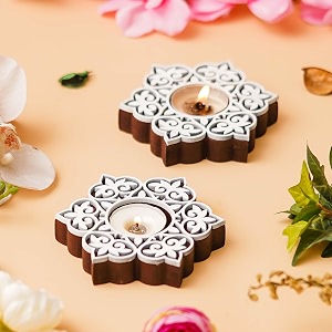 ecraftindia set of 2 white brown wooden floral printing block decorative tea light candle holders diya stands  tea light holders diwali decoration items for home decor