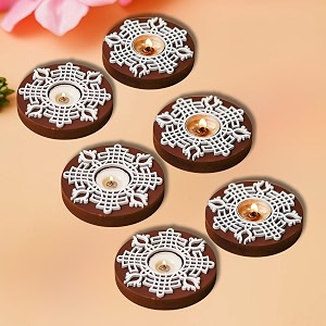 ecraftindia brown amp white round handcrafted wooden block print tea light candle holders diya stands  tea light holders  christmas diwali decoration items for home decor  set of 6