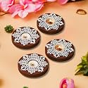 eCraftIndia Brown &amp; White Round Handcrafted Wooden Block Print Tea Light Candle Holders, Diya Stands | Tea Light Holders | Christmas Diwali Decoration Items for Home Decor | Set of 4