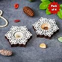 eCraftIndia Set of 4 White Brown Wooden Floral Printing Block Decorative Tea Light Candle Holders, Diya Stands | Tea Light Holders |Diwali Decoration Items for Home Décor.