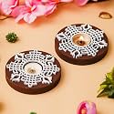 eCraftIndia Brown &amp; White Round Handcrafted Wooden Block Print Tea Light Candle Holders, Diya Stands | Tea Light Holders | Christmas Diwali Decoration Items for Home Decor | Set of 2
