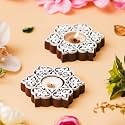 eCraftIndia Set of 2 White Brown Wooden Floral Printing Block Decorative Tea Light Candle Holders, Diya Stands | Tea Light Holders |Diwali Decoration Items for Home Decor.