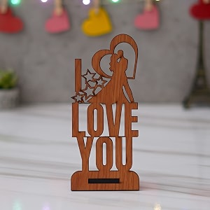 ecraftindia brown wooden romantic kissing couple with i love you decorative showpiece - valentine gift for girlfriend boyfriend husband wife - valentine day gifts - valentine day decoration items