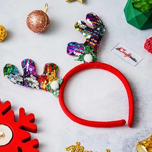ecraftindia christmas headband with glitter reindeer antlers design hair band red multicolor - hair accessories and gift for women kids girls friends - decorations item