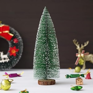 ecraftindia green artificial frosted bottle brush christmas tree with wooden base  xmas pine tree for table home living room office church decor  merry christmas decorations items