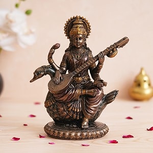 ecraftindia goddess saraswati sitting on swan playing veena statue-for vasant panchami-goddess of knowledge music art-for home puja room office-religious amp spiritual gift god 115 cm multicolor