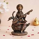 eCraftIndia Goddess Saraswati Sitting On Swan Playing Veena Statue-For Vasant Panchami-Goddess Of Knowledge, Music, Art-For Home, Puja Room, Office-Religious &amp; Spiritual Gift, God, 11.5 Cm, Multicolor