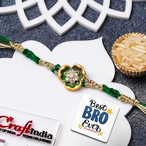 ecraftindia golden green flower diamonds designer rakhi for brother with gift combo set  raksha bandhan rakhi for bhai bhaiya kids boy  best bro ever fridge magnet  roli chawal pack