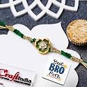 eCraftIndia Golden Green Flower Diamonds Designer Rakhi for Brother with Gift Combo Set | Raksha Bandhan Rakhi for Bhai Bhaiya Kids Boy | Best Bro Ever Fridge Magnet | Roli Chawal Pack