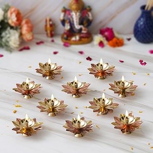 ecraftindia set of 10 golden lotus flower shape decorative brass diyas for diwali pooja  housewarming gift items  diwali decoration items for home decor