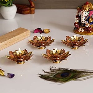 ecraftindia golden lotus flower shape decorative brass diya for diwali pooja 4 golden lotus flower