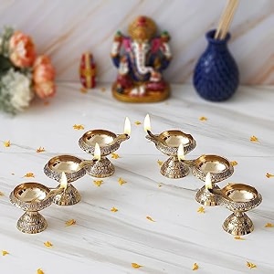 ecraftindia golden lotus flower shape decorative brass diya for diwali lotus flower shape diya pack of 6
