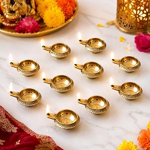 ecraftindia golden lotus flower shape decorative brass diya for diwali pooja 10 handcrafted designer brass diya